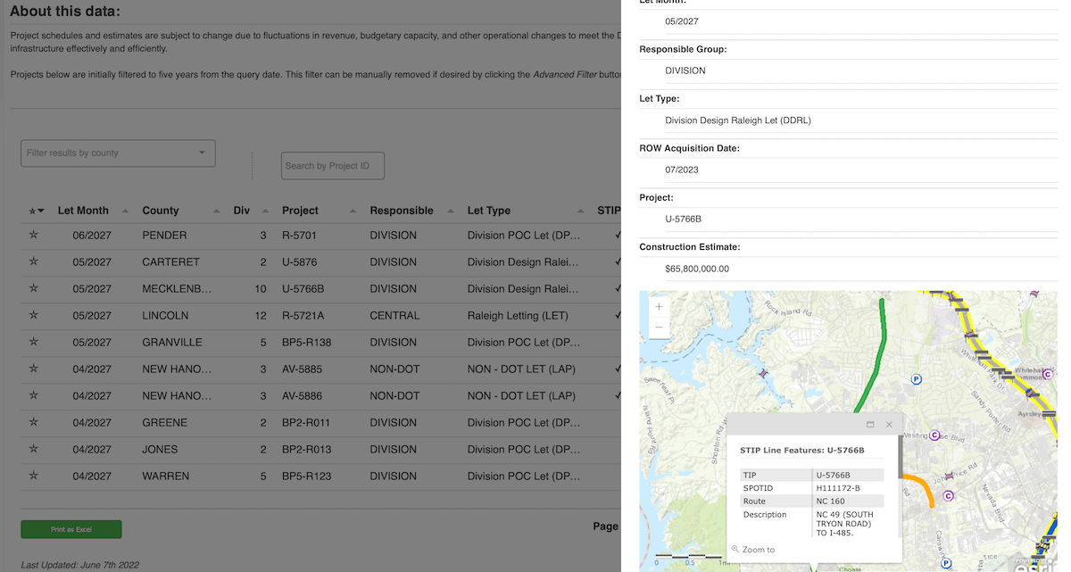 Screenshots from the NCDOT CPL Letting List project